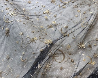 Tessuto in pizzo con stelle e luna, costume celeste, sovrapposizione di pizzo, ricamo dorato, stelle, pizzo, tulle nero per feste