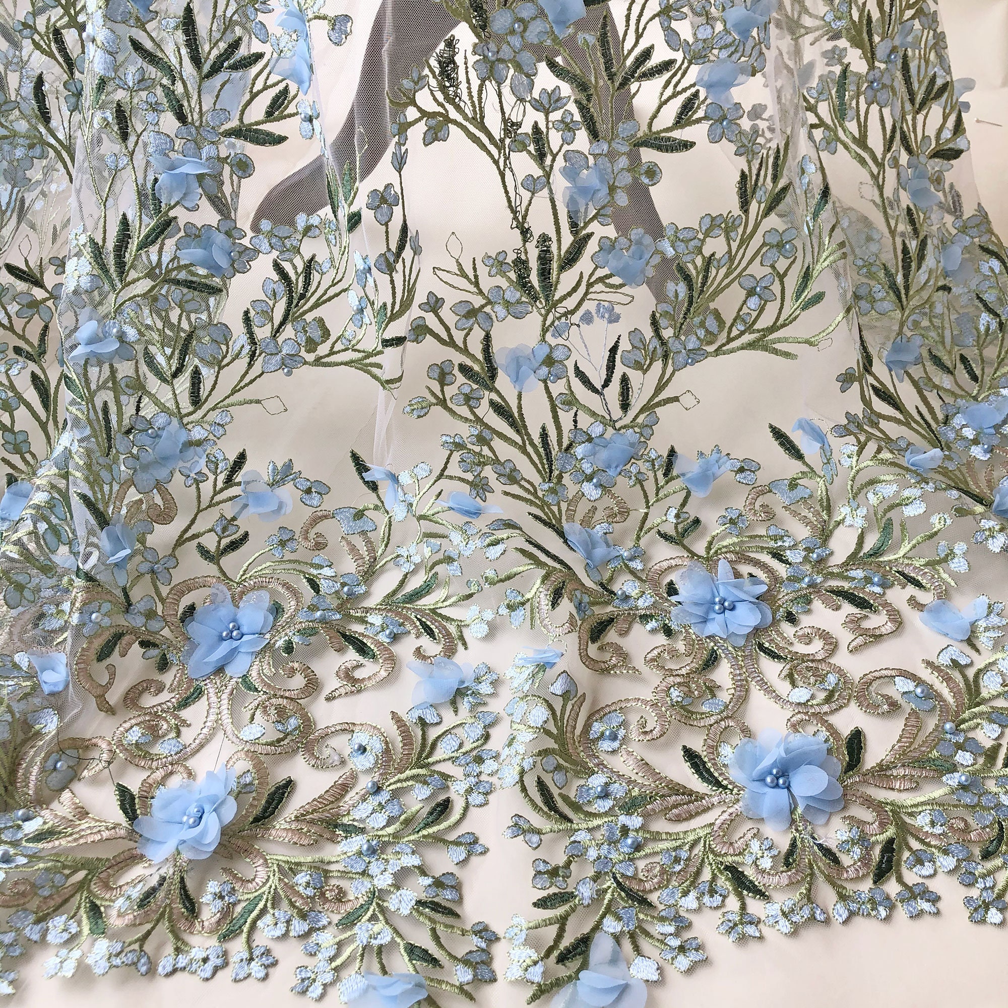 Blue Flower Lace by yard Beaded Embroidery Floral Lace Fabric | Etsy