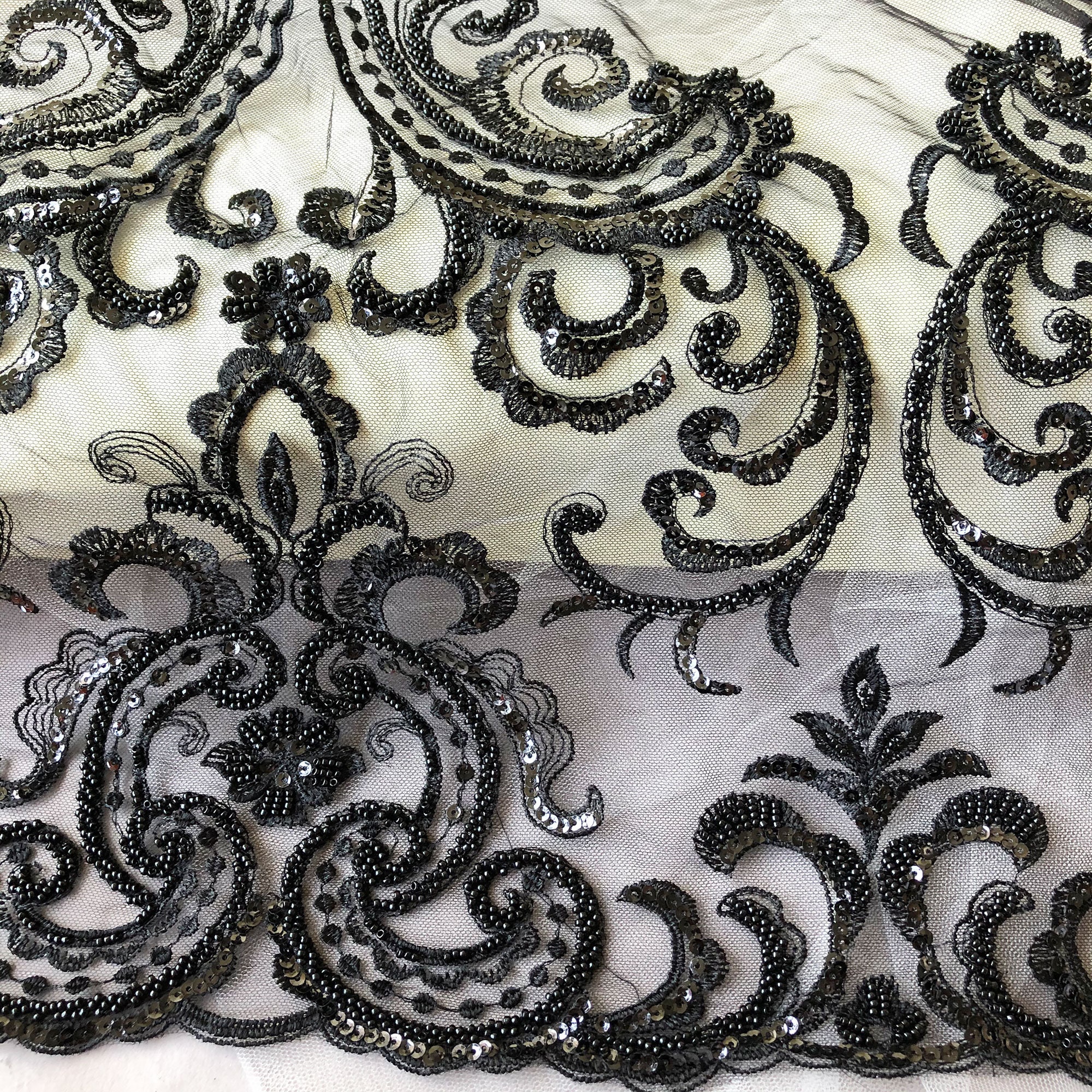Black Sequined Beaded Lace Fabric By the yard Shimmery | Etsy