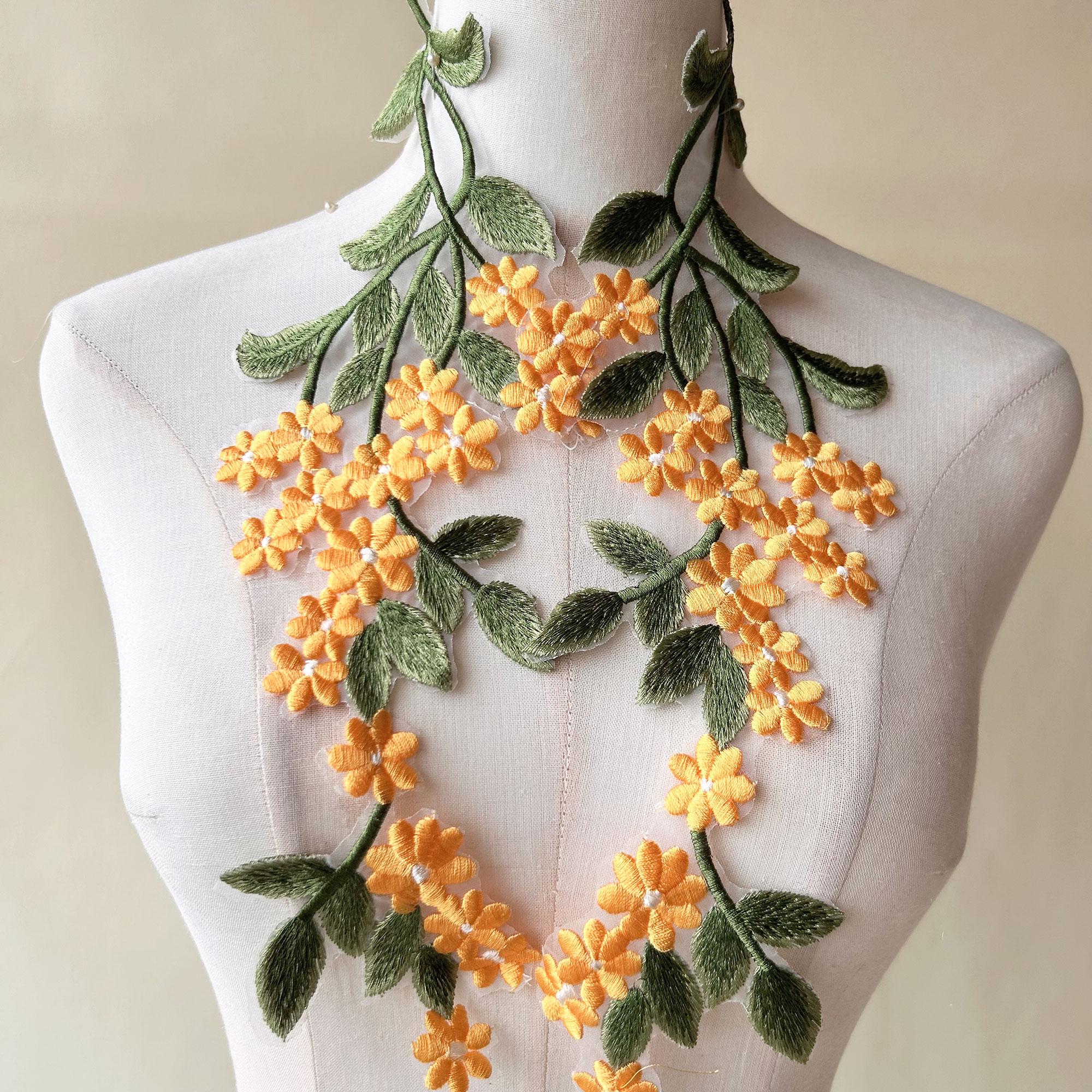 Toppe In Pizzo Ricamato A Specchio - Coppia Foglie Verdi Per Cucito Su Abiti E Costumi