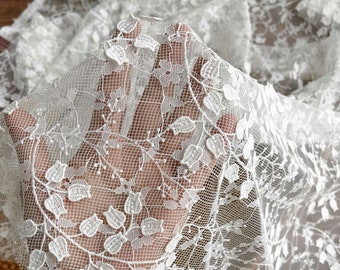 Off-White Vine Lace Fabric  Embroidery Floral Lace Tulle  Wedding Dress Lace Overlay  51 inches Width