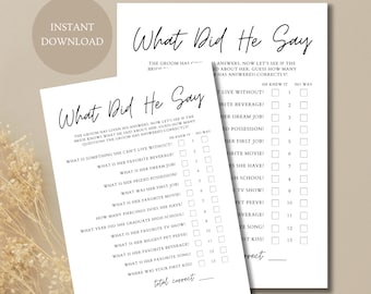 What Did He Say Wedding Game, Bridal Shower Game, Wedding Game, Bachelorette Game, Printable Game, Instant Download, What Did the Groom Say