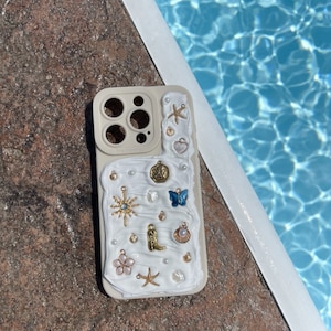 Memor Inspired Phone Case, Decoden, Mosaic Blue Phone Case, Beach Coastal Aesthetic, Handmade Charm iPhone Case, Blue Charm Handpicked