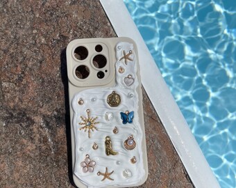 Memor Inspired Phone Case, Decoden, Mosaic Blue Phone Case, Beach Coastal Aesthetic, Handmade Charm iPhone Case, Blue Charm Handpicked
