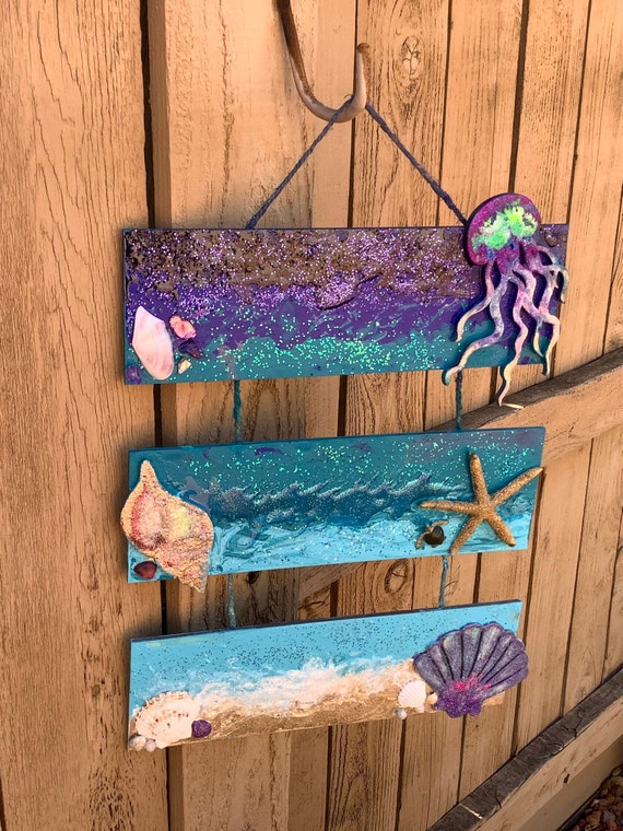 Ocean Theme Wall Decor 3 Wood Panels Glow in the Dark. 3D Wall