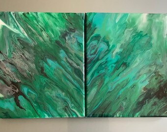 Emerald green wall decor, set of 2, modern abstract painting, marble look, gift for him or her, home decor, office decor, unique art