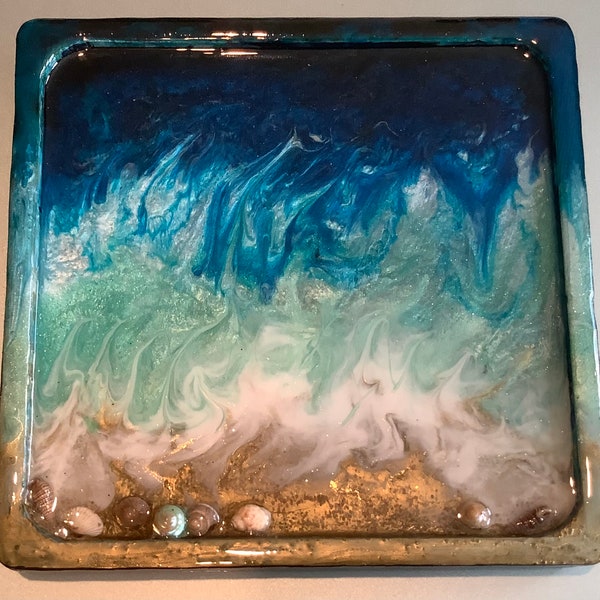 Ozean Kunst, Resin Holztablett, quadratisches Ozean Thema Tablett, Strand Kunst, Ozean Dekor, Tischdekoration, Kaffeetablett, fang alle Tablett