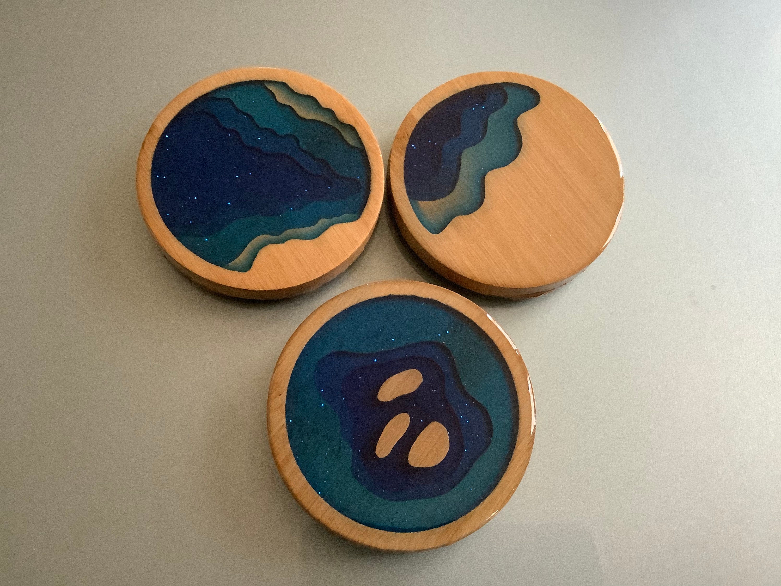 Wooden coasters river theme round coasters dark blue Epoxy Etsy