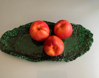 Resin jewelry dish, fruit bowl, catch all tray, free style, unique, hand made, bright festive green color and crystals.