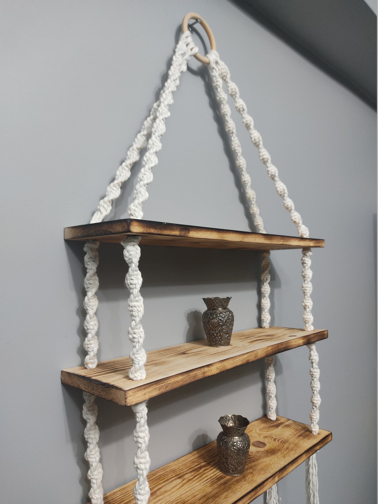 Macrame Hanging Shelves Three Tiered Shelf Wall Shelf Wall Etsy