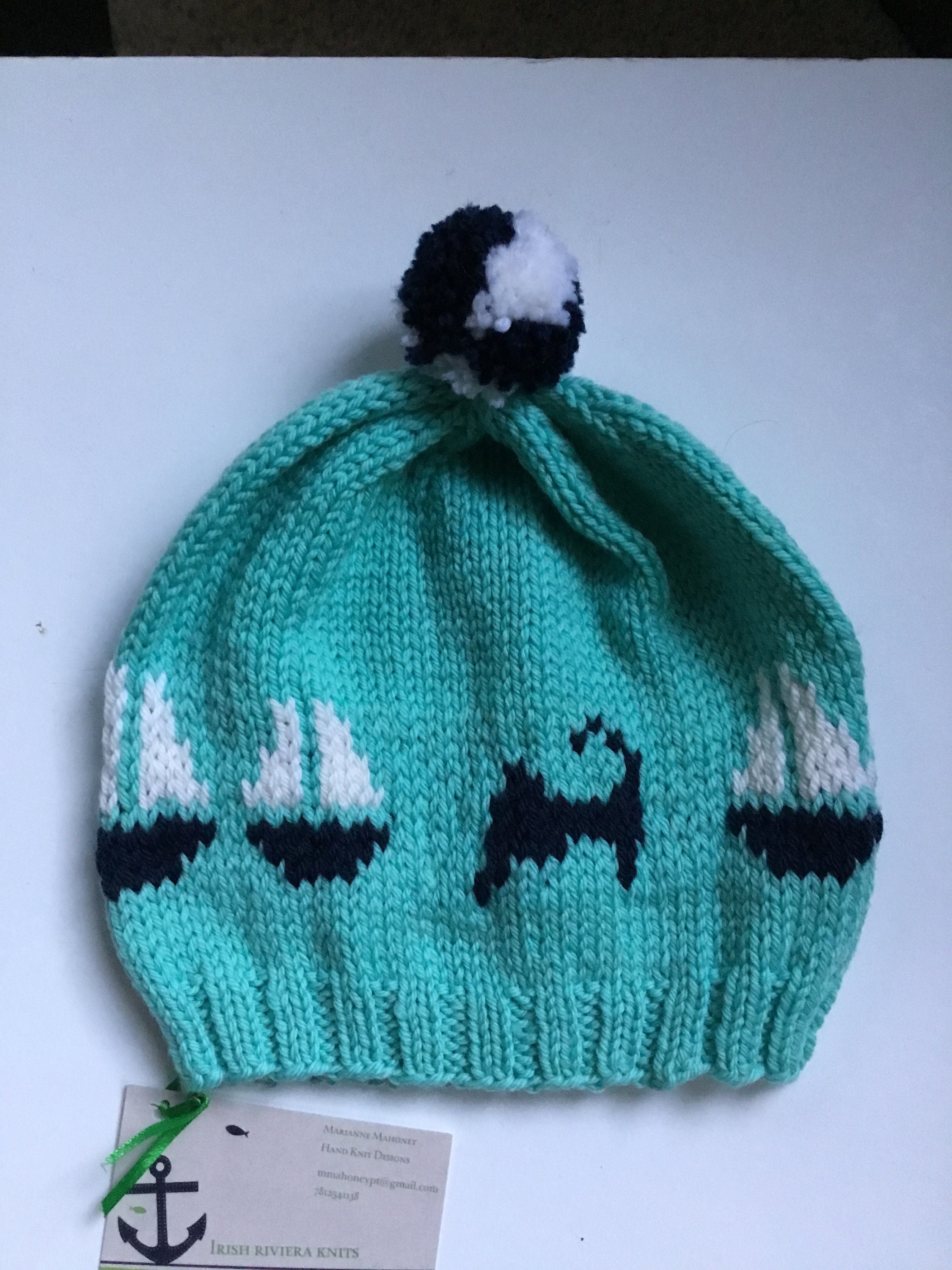 Hand Knit Sailboats on Cape Cod Wool Baby Hat 12-24 Months  display picture 1