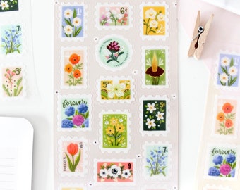 Genomskinligt klistermärkesark med blommiga stämplar | Plannerklistermärken med fina blommor, bullet journal-klistermärken, bujo-klistermärken, pyssel, scrapbooking, brevvän