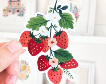 Strawberry Vinyl Sticker | floral fruit waterproof die cut durable sticker | water bottle, laptop, notebook, planner, cell phone