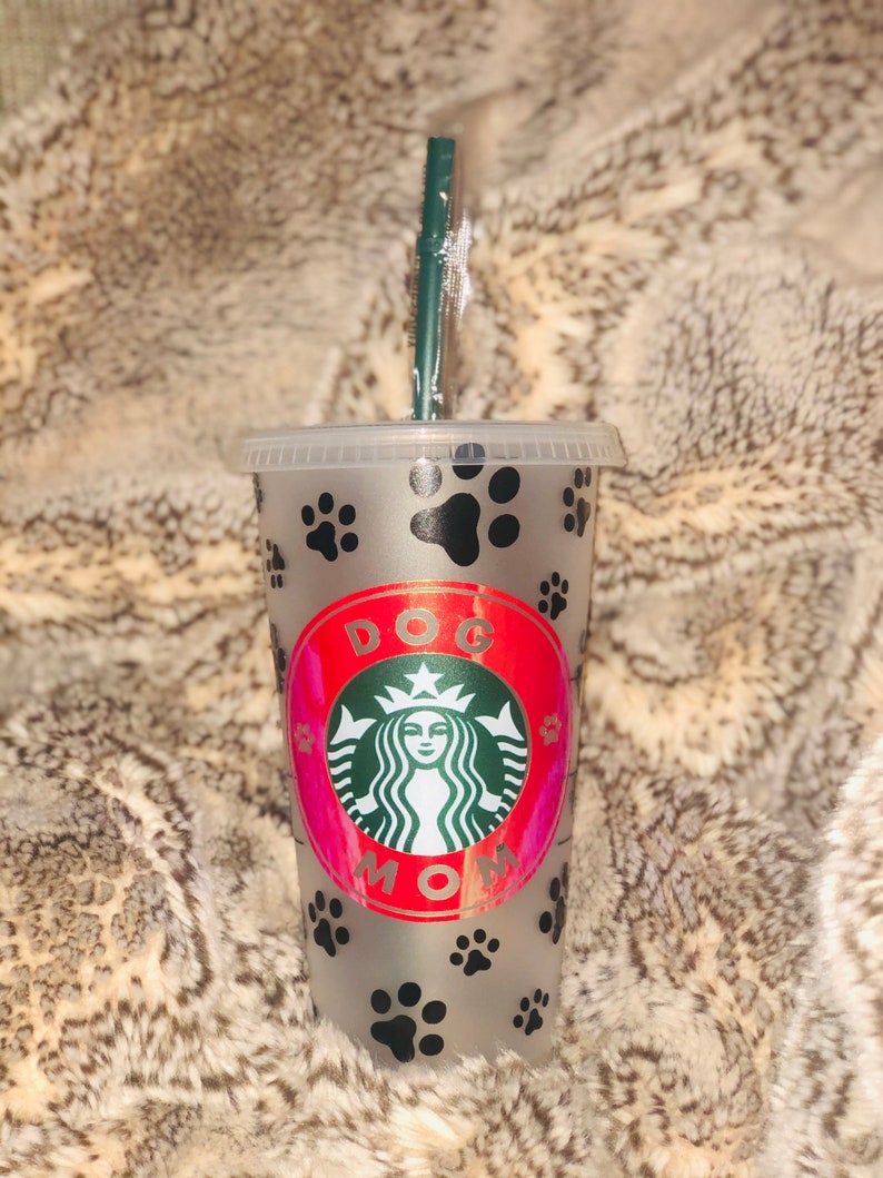 Dog Mom Starbucks Cup Reusable Starbucks Cup Personalized Starbucks Cup Custom gift Animal print Paw Print holographic red