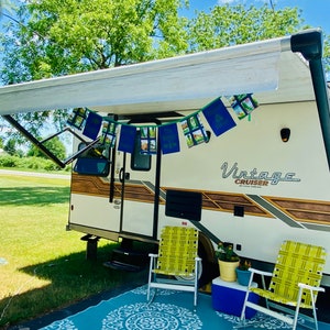Camping Flags / Camping Bunting / Campsite Decor / Camper Decor / Vintage Camper Decor / Happy Camper / 9 Double Sided Flags