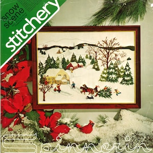 Vintage Crewel Embroidery Winter Stitchery Scene Woodland Snow