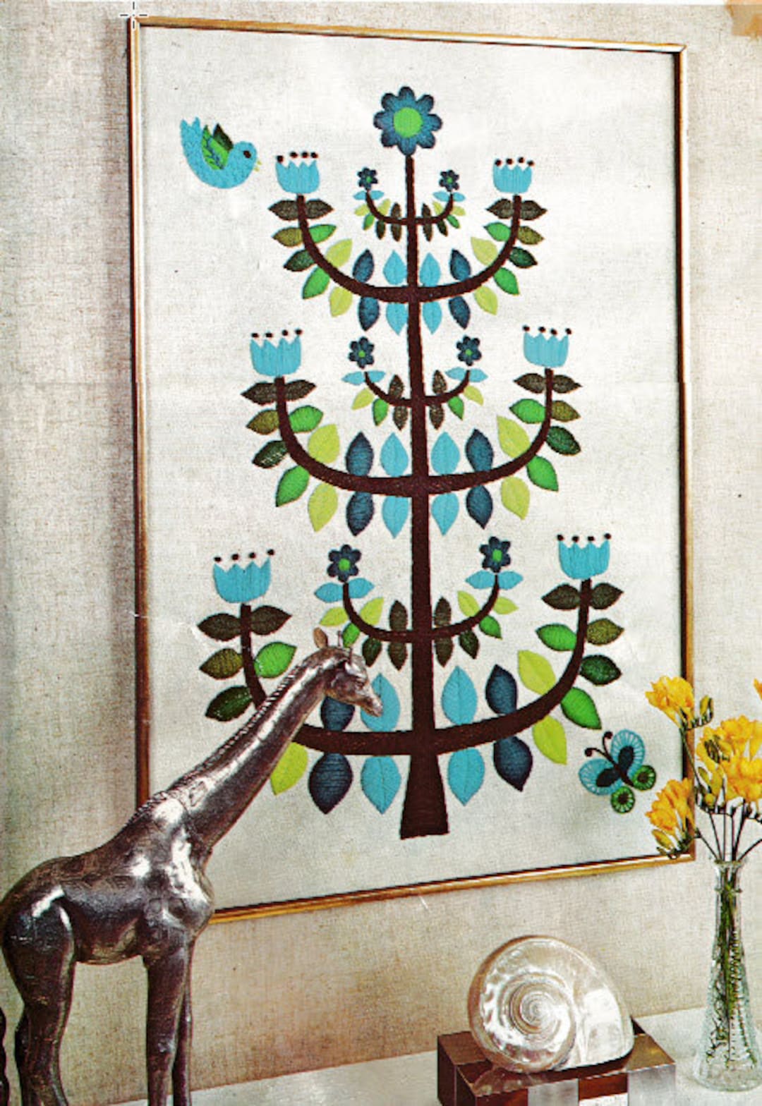 Vintage Crewel Embroidery / Blue Tulip Tree Crewel / Crewel Pattern