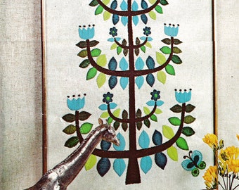 Vintage Crewel Embroidery / Blue Tulip Tree Crewel / Crewel Pattern / Mod Crewel / Digital Pattern / Crewel / Blue Tulip Tree Pattern