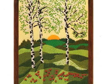 Vintage Crewel Embroidery / Vintage Embroidery / Sunset Crewel / Crewel / Vintage Pattern / 1970s Design