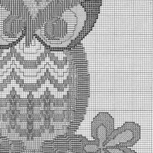 May include: Black and white cross-stitch pattern of an owl with floral accents. The owl's detailed design includes geometric shapes and textures, creating a striking visual effect. The image is a close-up of a cross-stitch project.