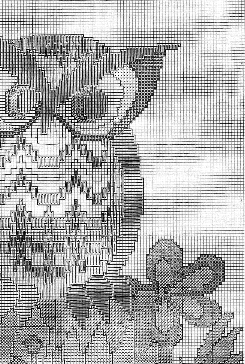May include: Black and white cross-stitch pattern of an owl with floral accents. The owl's detailed design includes geometric shapes and textures, creating a striking visual effect. The image is a close-up of a cross-stitch project.