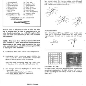 May include: Instructions for a cross stitch kit with a colour guide, a ruler, and diagrams showing how to thread a needle and stitch. The instructions include the text "THREE-PLY yarn. Do not separate for use in this kit."