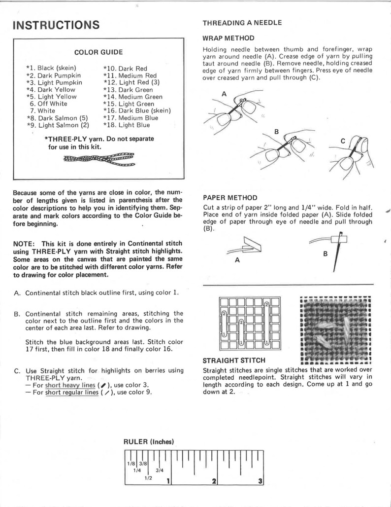 May include: Instructions for a cross stitch kit with a colour guide, a ruler, and diagrams showing how to thread a needle and stitch. The instructions include the text "THREE-PLY yarn. Do not separate for use in this kit."