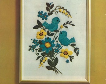 Vintage Crewel Embroidery Digital Pattern / Bluebird Crewel /Bird and Floral Crewel/ Digital Download / 1970s Design