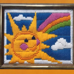 Vintage Crewel Embroidery / Sun Crewel / Rainbow Crewel / Needlepoint Pattern / Digital Pattern / Longstitch Pattern / 1980s Design