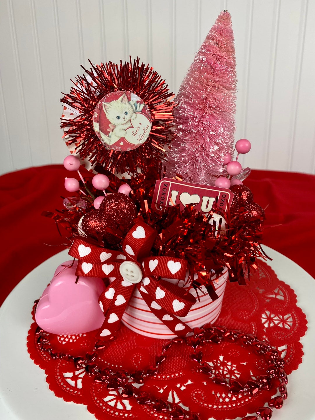 Vintage Inspired Valentine Decor / Retro Kitten / Bottle Brush Tree / Treat Cup / Valentine ...