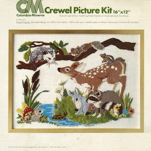 Vintage Crewel Embroidery / Vintage Embroidery / Forest Friends Crewel / Deer Crewel / Vintage Pattern / 1970s Design