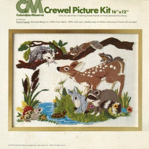 Vintage Crewel Embroidery / Vintage Embroidery / Forest Friends Crewel / Deer Crewel / Vintage Pattern / 1970s Design