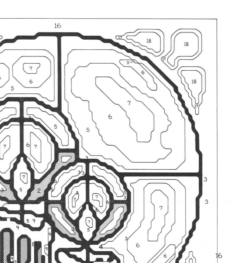 May include: A black and white contour map with numbers indicating different elevations. The map shows a series of hills and valleys.