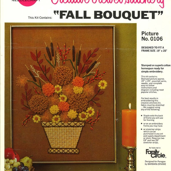 Vintage Crewel Embroidery / Fall Crewel / Fall Bouquet / Flower Crewel / Floral Crewel / Paragon / Digital Pattern / 1970s Design