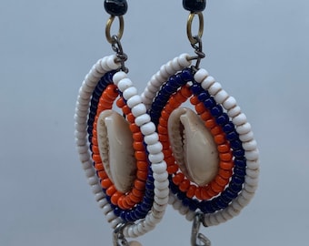 Handmade African cowrie shell beaded dangle earrings