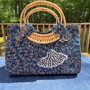 Bolso azul llamativo - Grande - Estampado de cera africano - Abanico de mano