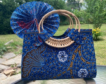 Handmade Blue African Waxprint Handbag with Hand Fan