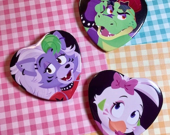 Animatronic Heart Pins | 2.5" Button Pins | Glamrock Wolf, Chica, Gator