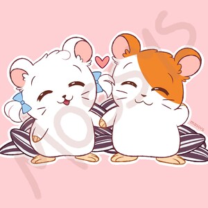May include: Two cartoon hamsters, one white and one orange and white, are holding hands and smiling. They are surrounded by sunflower seeds and a small red heart.