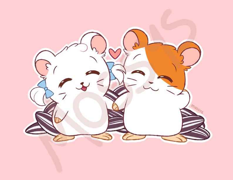 May include: Two cartoon hamsters, one white and one orange and white, are holding hands and smiling. They are surrounded by sunflower seeds and a small red heart.