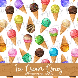 Ice Cream Cone Seamless Pattern, Cute Digital Paper, Watercolor Ice Cream Seamless Pattern Fabric, Food Clipart Pattern INSTANT DOWNLOAD