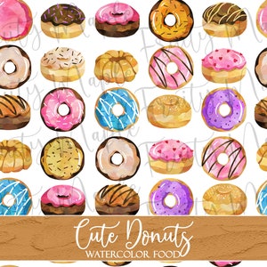 Cute Donuts Seamless Pattern, Donut Digital Paper, Cute Pastry, Watercolor Donut Seamless Pattern Fabric, Donut Clipart INSTANT DOWNLOAD