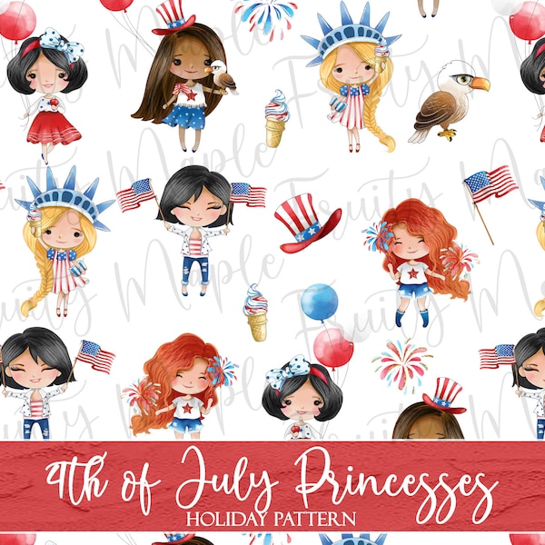 4th of July Seamless Pattern, 4th of July Digital Paper, Princess Seamless Pattern Fabric, Independence Day Clipart Pattern Download