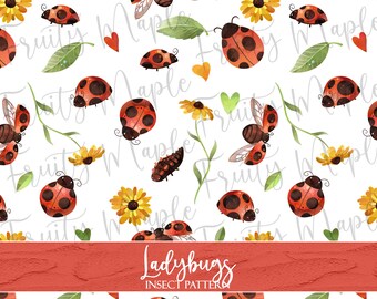 Ladybug Seamless Pattern, Ladybug Digital Paper, Ladybug Scrapbook Paper, Ladybug Clipart Fabric Pattern, Sunflower Ladybug INSTANT DOWNLOAD