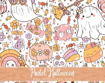 Cute Ghost Retro Seamless Pattern, Halloween Digital Paper, Halloween Seamless Pattern PNG, Halloween Candy Pattern, Floral Ghost Pattern