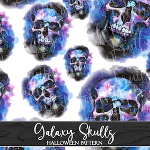 Galaxy Skull Seamless Pattern, Halloween Digital Paper, Watercolor Seamless Pattern, Halloween Clipart, Goth Fabric Pattern INSTANT DOWNLOAD