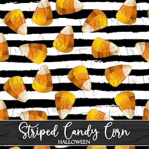 May include: A seamless pattern featuring candy corn on a black and white striped background. The candy corn is yellow, orange, and white. The pattern is perfect for Halloween.