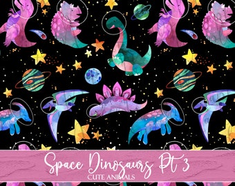 May include: A seamless pattern featuring colorful cartoon dinosaurs in space. The dinosaurs are wearing astronaut helmets and floating among stars and planets. The background is black with a watercolor effect. The text "Space Dinosaurs Pt 3" and "Cute Animals" is at the bottom of the image.