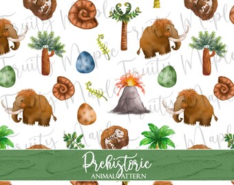 Prehistoric Seamless Pattern, Jurassic Digital Paper, Dinosaur Clipart Pattern, Fabric Pattern, INSTANT DOWNLOAD Mammoth Digital Pattern
