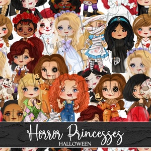 Horror Princesses Seamless Pattern, Halloween Digital Paper, Halloween Seamless Pattern Fabric, Halloween Princess Clipart INSTANT DOWNLOAD